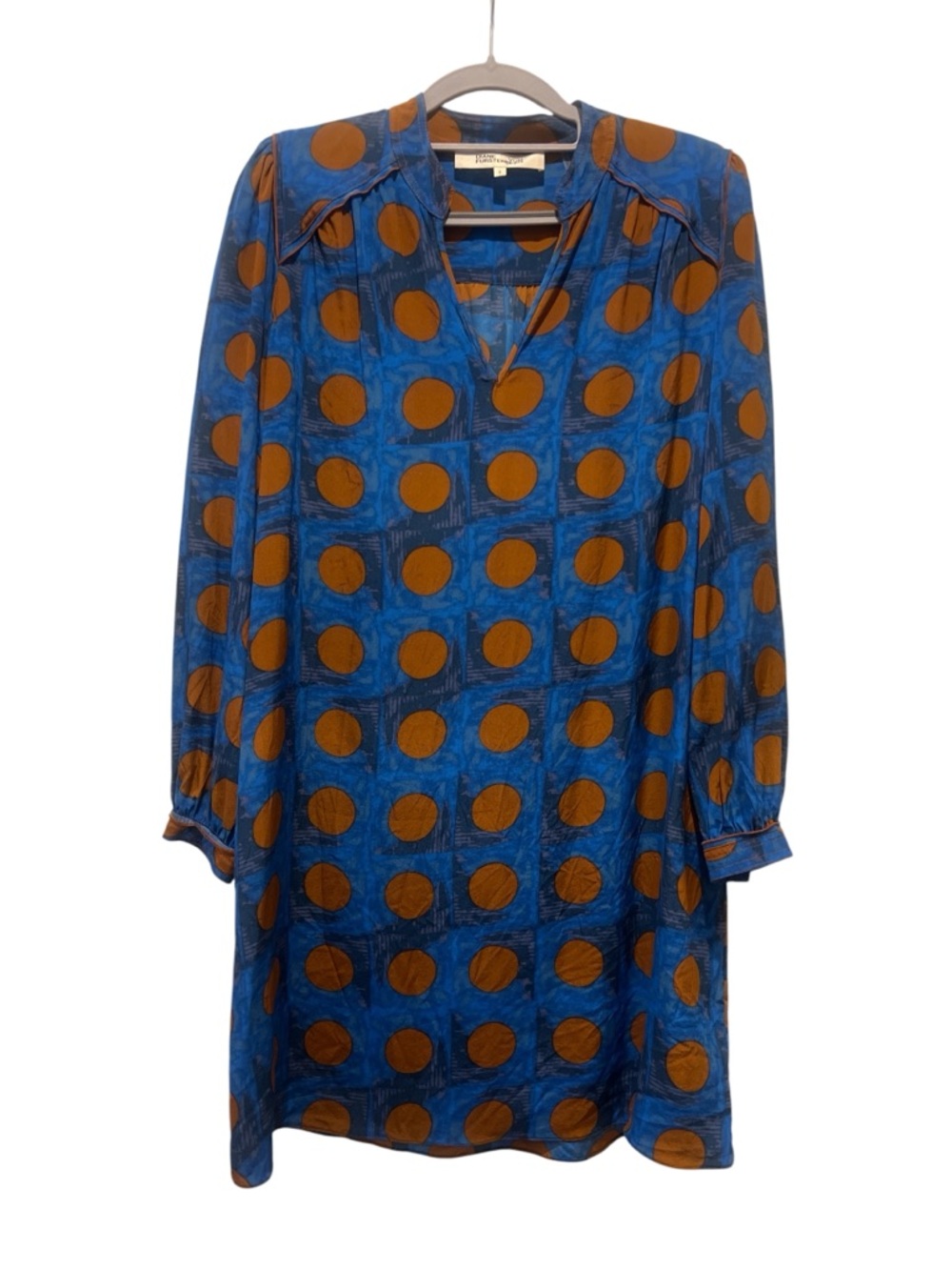 Diane von Furstenberg Blue & Orange Polka Dot Silk Tunic Dress Long Sleeve